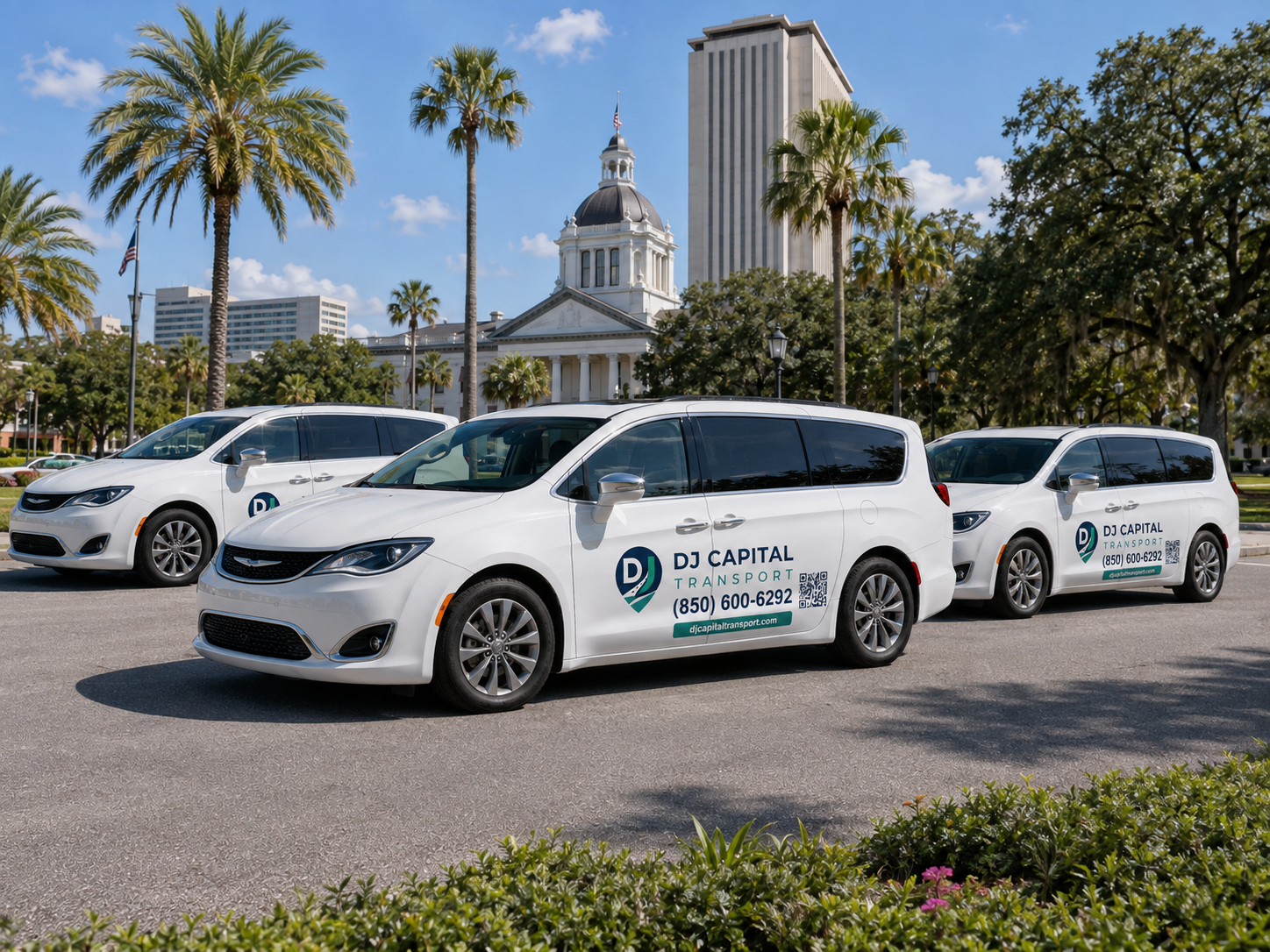 DJ Capital Transport branded minivans parked near the Florida Capitol